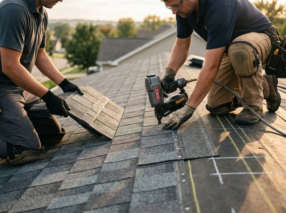 Professional roofer working on a residential roof in St. Petersburg